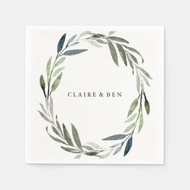 Watercolor Green Leaf Wreath Wedding Napkin (Front)