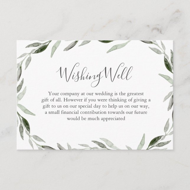 Watercolor Green Leaf Wreath Wedding Wishing Well Enclosure Card (Front)