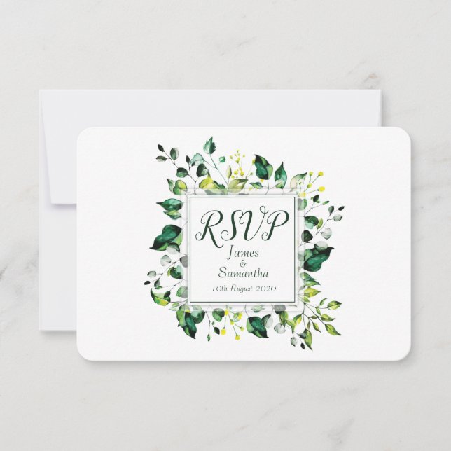 Watercolor Green Leaf & Yellow Flower | Wedding RSVP Card (Front)