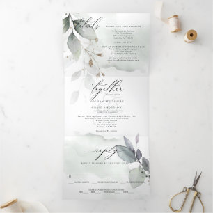 Watercolor Green Leafy ALL IN ONE WEDDING Tri-Fold Invitation