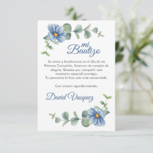 Watercolor Green Leaves and Blue Flowers Baptism Thank You Card