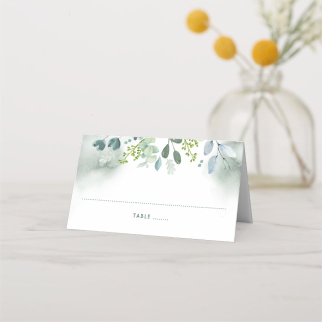 Watercolor Green Leaves Branches Place Card (Front)
