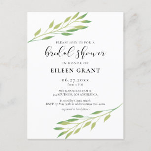 Watercolor green leaves Bridal shower invitation Postcard