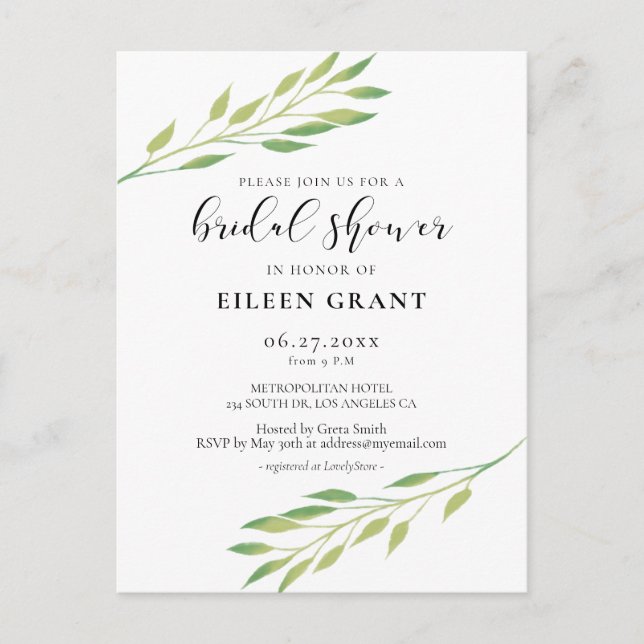 Watercolor green leaves Bridal shower invitation Postcard (Front)