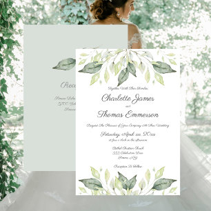 Watercolor Green Leaves Elegant Wedding Invitation