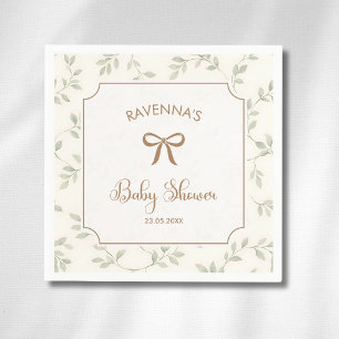 Watercolor Green Leaves Frame Gold Bow Baby Shower Napkin