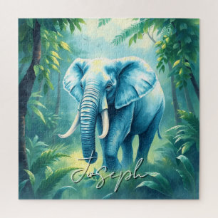 Watercolor Green Leaves Jungle Elephant Name Jigsaw Puzzle