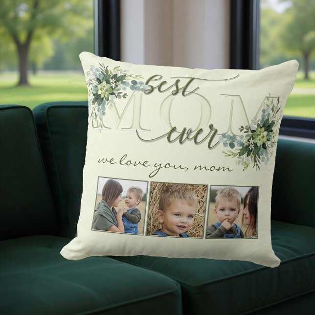 Watercolor Green Leaves Mom Photo Pillow (Pillow featuring a stylized Mom text with green watercolor leaves and your own photos - Mother's Day)