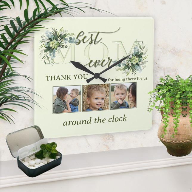Watercolor Green Leaves Mum Photo  Square Wall Clo Clock (Elegant photo wall clock featuring a stylized Mom text with green watercolor leaves - gift for Mom)