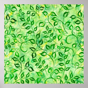 Watercolor green leaves on a yellow-green backgrou poster