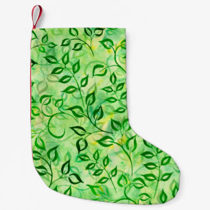 Watercolor green leaves on a yellow-green backgrou small christmas stocking