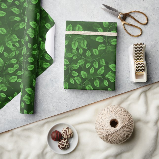 Watercolor Green Leaves Pattern Wrapping Paper (Crafts)