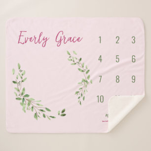 Watercolor Green Leaves Pink Baby girl milestone  Sherpa Blanket