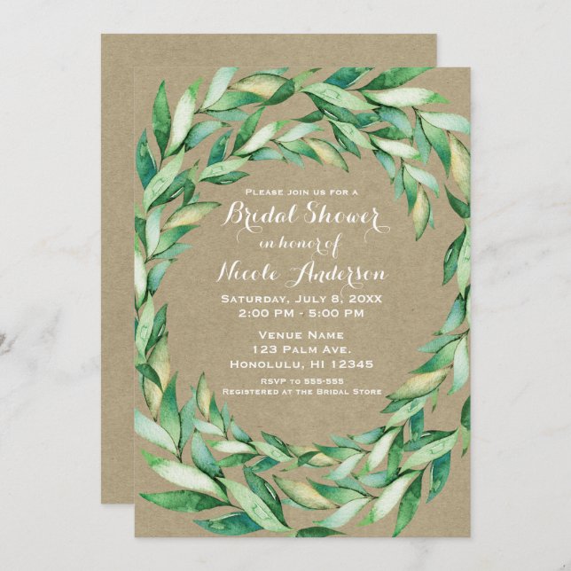 Watercolor Green Leaves Rustic Kraft Bridal Shower Invitation (Front/Back)