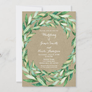 Watercolor Green Leaves Rustic Kraft Wedding Invitation