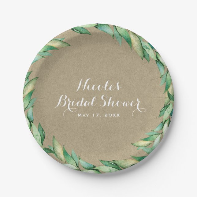 Watercolor Green Leaves Rustic Kraft Wedding Paper Plate (Front)