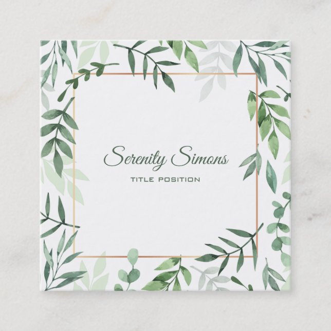 Watercolor Green Leaves Square Business Card (Front)