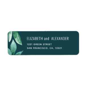 Watercolor green leaves. Teal wedding address Return Address Label