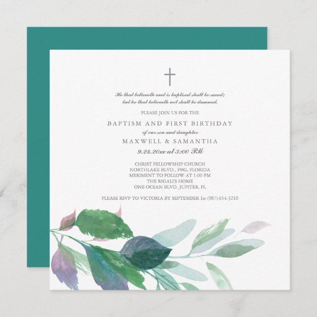 Watercolor Green Leaves Twins Baptism Invitation (Front/Back)