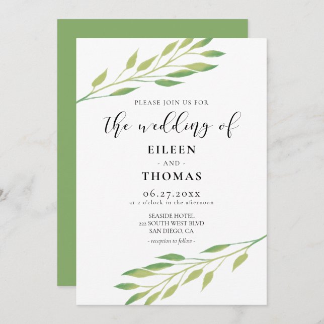 Watercolor green leaves wedding invitation (Front/Back)