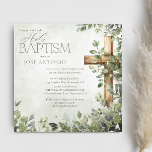Watercolor green leaves wood cross modern baptism invitation