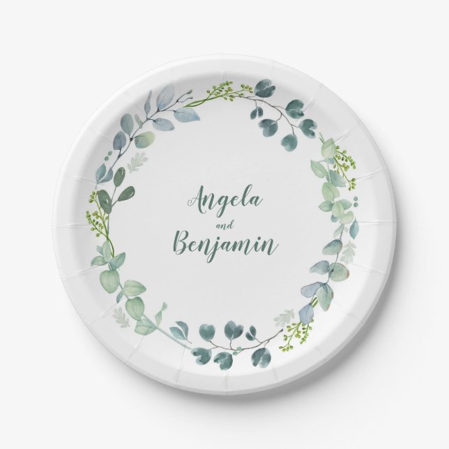 Watercolor Green Leaves Wreath Wedding Paper Plate (Front)