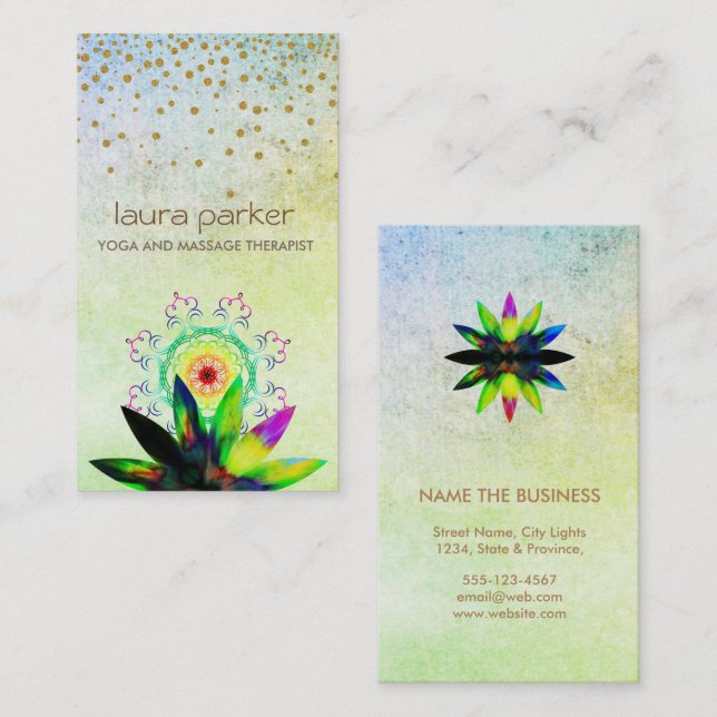 Watercolor Green Lotus Flower Logo Yoga Healing Business Card (Front/Back)