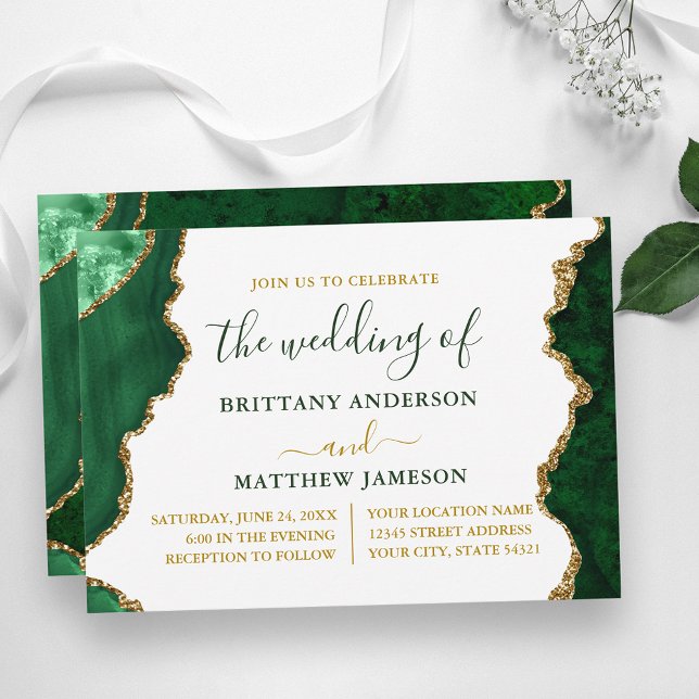 Watercolor Green Marble and Gold Wedding Invitation (Customize to change text size, color, text style or to add more text to back of card.)