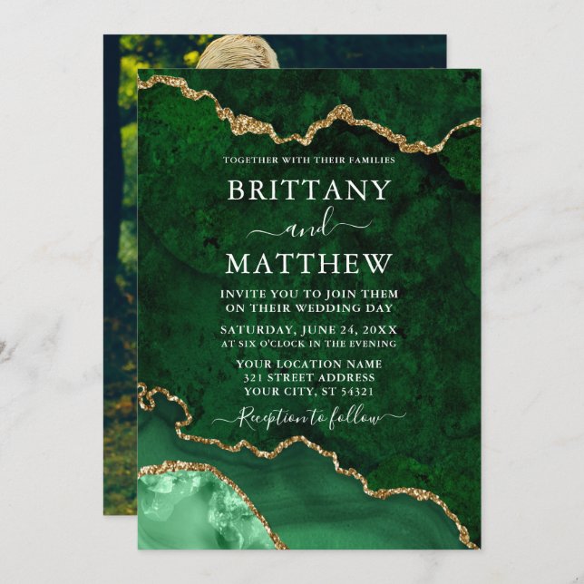 Watercolor Green Marble Geode Agate Photo Wedding Invitation (Front/Back)