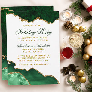 Watercolor Green Marble Geode Gold Holiday Party Invitation