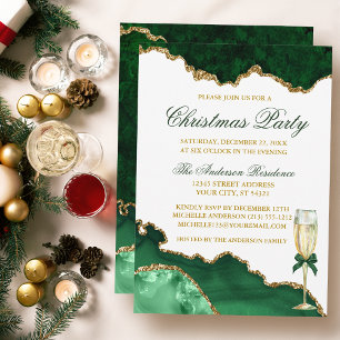Watercolor Green Marble Gold Christmas Party Invitation