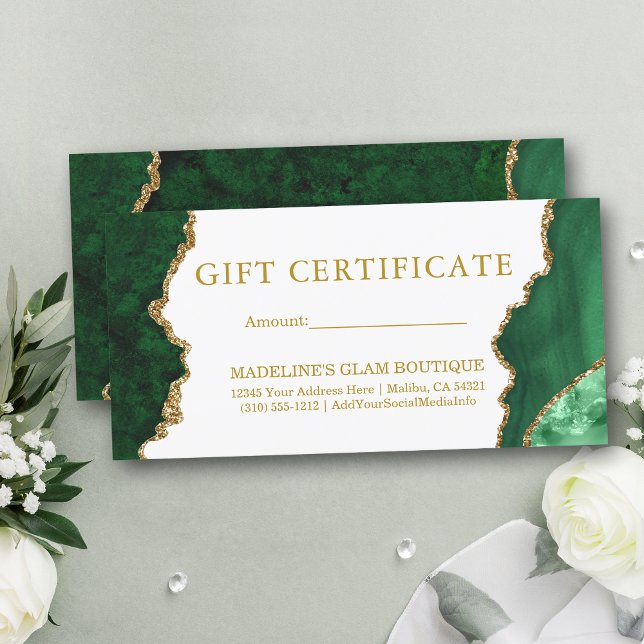 Watercolor Green Marble Gold Gift Certificate (Customize to change text color, text style or to add text to back of card.)