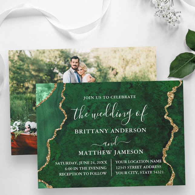 Watercolor Green Marble Gold Photo Wedding Invitation (Customize to change text size or text style.)