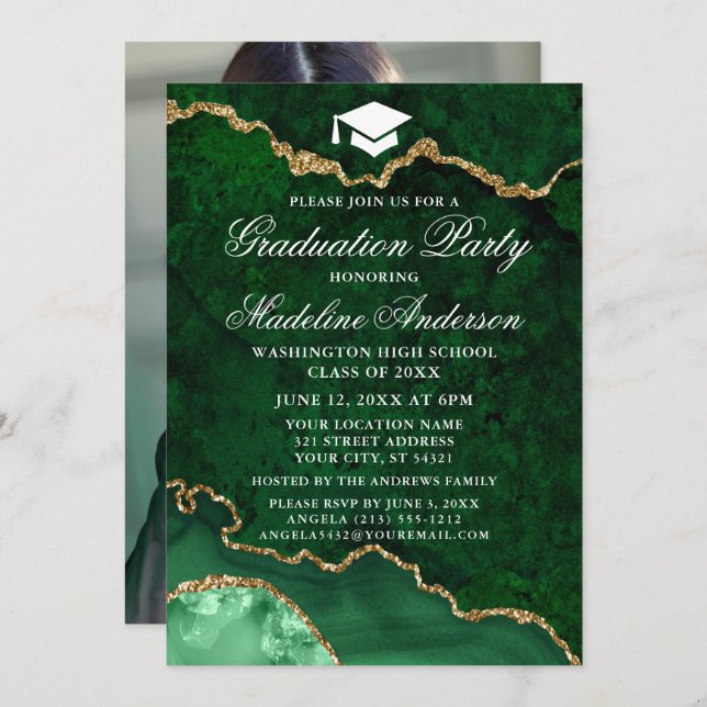 Watercolor Green Marble Graduation Party Photo Invitation (Front/Back)