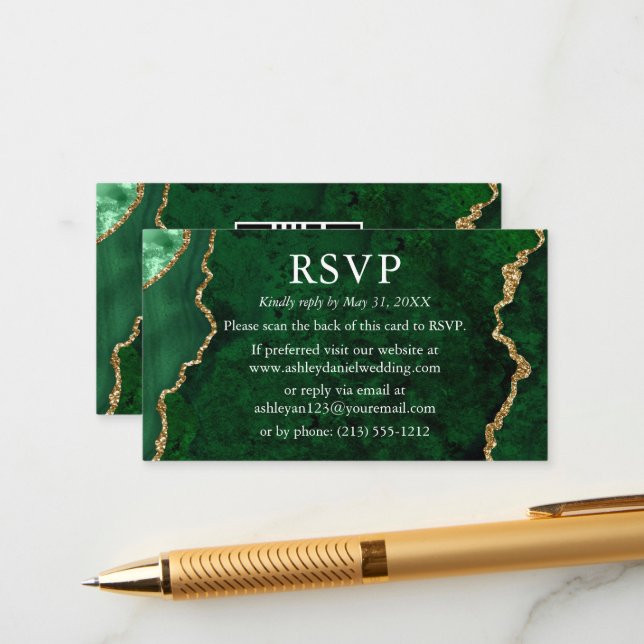 Watercolor Green Marble Wedding RSVP QR Back Enclosure Card (Front/Back In Situ)