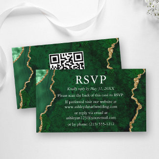 Watercolor Green Marble Wedding RSVP QR Back Enclosure Card