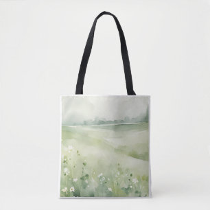 Watercolor Green Meadow Landscape Wildflower Tote Bag