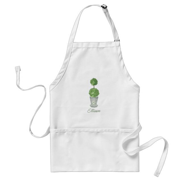 Watercolor Green Monogrammed Topiary Standard Apron (Front)