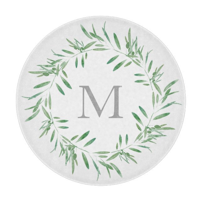 Watercolor Green Olive Wreath Cutting Board (Front)