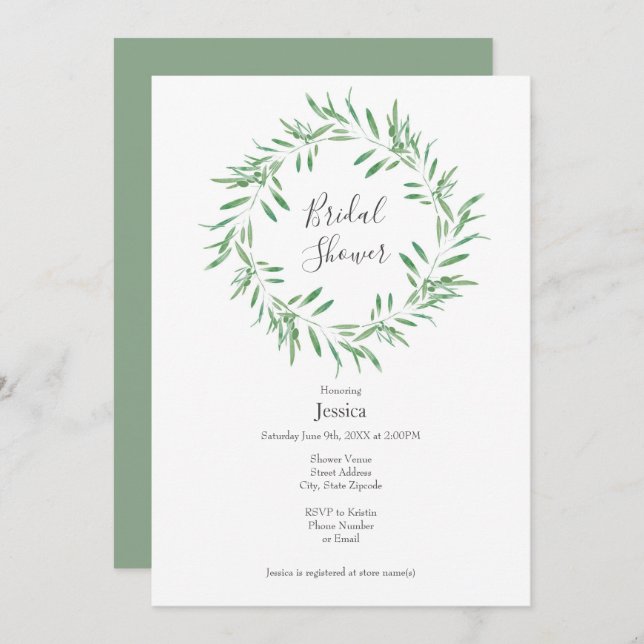 Watercolor Green Olive Wreath Invitation (Front/Back)