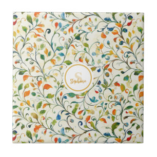 Watercolor Green Orange European Garden Ceramic Tile