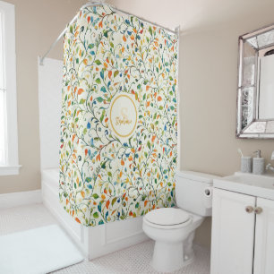 Watercolor Green Orange European Garden Shower Curtain