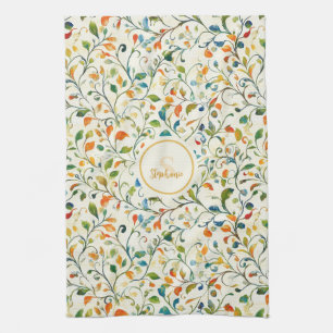 Watercolor Green Orange European Garden Tea Towel