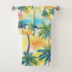 WATERCOLOR GREEN ORANGE PINK TROPICAL PALM TREES BATH TOWEL SET