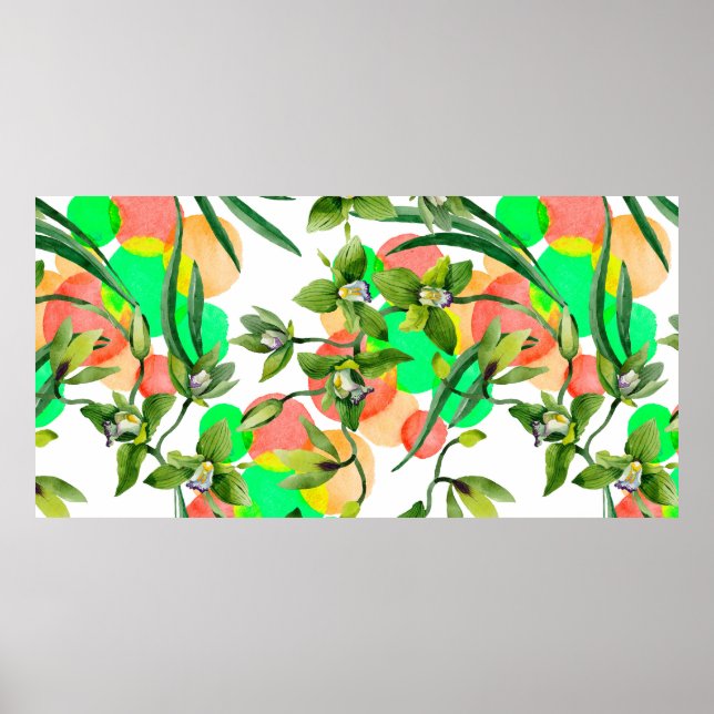 Watercolor green orchid flowers. Floral botanical  Poster (Front)