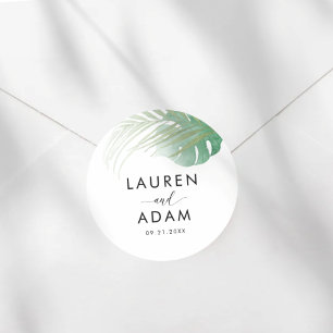 Watercolor Green Palm Leaf Wedding Favour Classic Round Sticker
