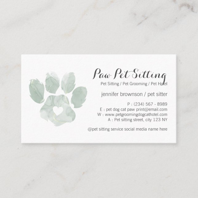 Watercolor GREEN Pet Sitter Grooming Paw Business Card (Front)