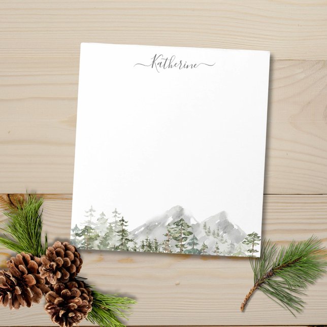Watercolor Green Pine Forest Notepad (Close up)