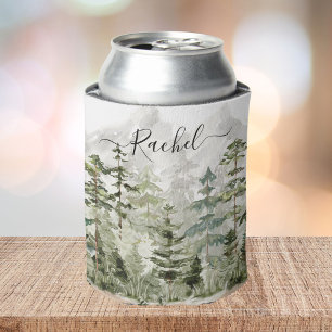 Watercolor Green Pine Forest on Mountain Can Cooler