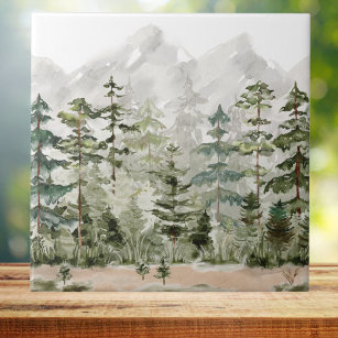 Watercolor Green Pine Forest on Mountain Ceramic Tile